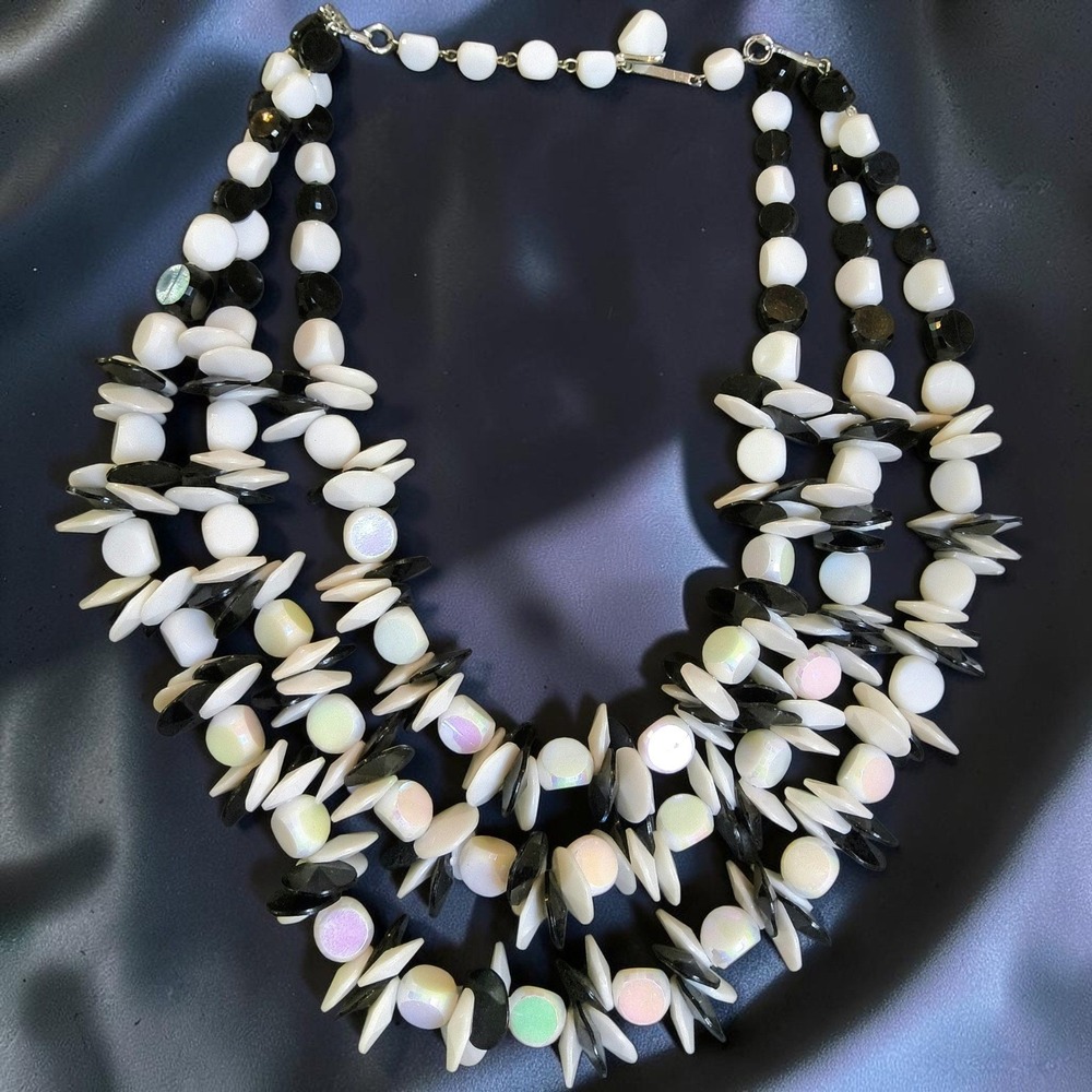 Vintage W Germany Black White‎ AB 3-Strand Necklace